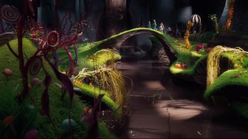Movie still from “Charlie and the Chocolate Factory” (2005), directed by Tim Burton – A garden with plants and a bridge in the middle of it; Extreme Wide shot, High angle