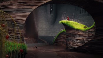 Movie still from “Charlie and the Chocolate Factory” (2005), directed by Tim Burton – A scene of a scene with a person on the top of a hill; Extreme Wide shot, High angle