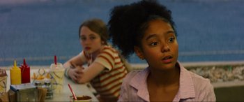 Movie still from “Summering” (2022), directed by James Ponsoldt – Two young girls are sitting at a table; Close Up shot, Over the shoulder angle
