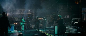 Movie still from “Super 8” (2011), directed by J.J. Abrams – A group of people standing on the side of a road; Wide shot, High angle