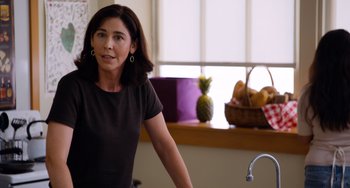 Movie still from “Superbad” (2007), directed by Greg Mottola – A woman standing in front of a kitchen sink; Medium shot, Over the shoulder angle