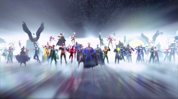 Movie still from “Superman: Man of Tomorrow” (2020), directed by Chris Palmer – A group of people standing next to each other in the dark; Extreme Wide shot, High angle