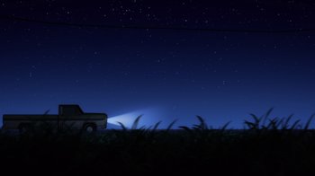 Movie still from “Superman: Man of Tomorrow” (2020), directed by Chris Palmer – A truck is driving through a field at night; Extreme Wide shot, Low angle