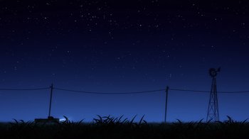 Movie still from “Superman: Man of Tomorrow” (2020), directed by Chris Palmer – A wire fence in a field at night with stars in the sky; Extreme Wide shot, Low angle