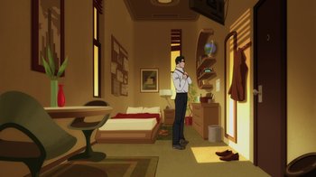 Movie still from “Superman: Man of Tomorrow” (2020), directed by Chris Palmer – A man standing in a room in front of a bed; Wide shot, High angle