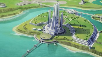 Movie still from “Superman: Man of Tomorrow” (2020), directed by Chris Palmer – An aerial view of a city with water and buildings; Extreme Wide shot, High angle