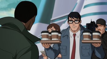 Movie still from “Superman: Man of Tomorrow” (2020), directed by Chris Palmer – A man holding a tray of coffee cups in front of two other men; Medium shot, Over the shoulder angle