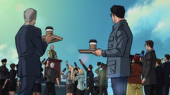 Movie still from “Superman: Man of Tomorrow” (2020), directed by Chris Palmer – A group of people holding trays with coffee cups on them; Wide shot, Over the shoulder angle