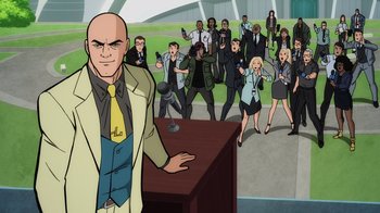 Movie still from “Superman: Man of Tomorrow” (2020), directed by Chris Palmer – A man standing in front of a group of people; Wide shot, Over the shoulder angle