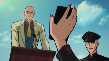 Movie still from “Superman: Man of Tomorrow” (2020), directed by Chris Palmer – An animated picture of a person taking a picture of a man in a suit; Medium shot, Over the shoulder angle