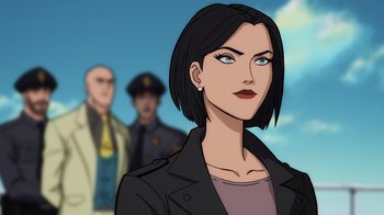 Movie still from “Superman: Man of Tomorrow” (2020), directed by Chris Palmer – An animated picture of a woman in front of two other men; Close Up shot, Over the shoulder angle