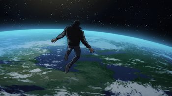 Movie still from “Superman: Man of Tomorrow” (2020), directed by Chris Palmer – A man flying through the air over a planet; Extreme Wide shot, Overhead angle