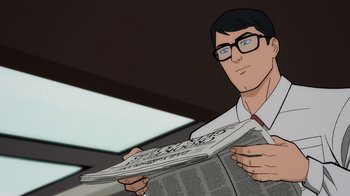 Movie still from “Superman: Man of Tomorrow” (2020), directed by Chris Palmer – A man in a white dress shirt is holding a newspaper; Close Up shot, Over the shoulder angle