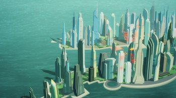 Movie still from “Superman: Man of Tomorrow” (2020), directed by Chris Palmer – An aerial view of a large city with many skyscrapers; Extreme Wide shot, High angle