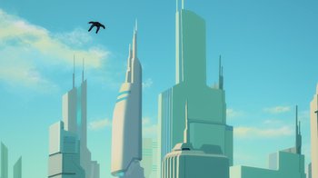 Movie still from “Superman: Man of Tomorrow” (2020), directed by Chris Palmer – A bird flying over a city with skyscrapers in the background; Extreme Wide shot, Low angle
