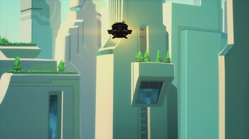 Movie still from “Superman: Man of Tomorrow” (2020), directed by Chris Palmer – An image of an animated city scene with trees and buildings in the background; Extreme Wide shot, Overhead angle