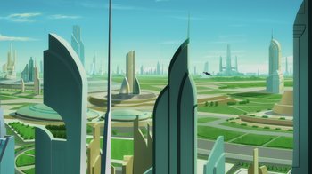 Movie still from “Superman: Man of Tomorrow” (2020), directed by Chris Palmer – An illustration of a futuristic city in the middle of the day; Extreme Wide shot, High angle