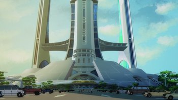 Movie still from “Superman: Man of Tomorrow” (2020), directed by Chris Palmer – An artistic rendering of a futuristic building with people walking on the sidewalk; Extreme Wide shot, Low angle