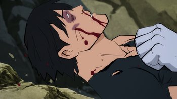 Movie still from “Superman: Man of Tomorrow” (2020), directed by Chris Palmer – A man with blood on his face is laying on the ground; Close Up shot, Overhead angle