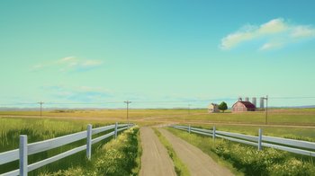 Movie still from “Superman: Man of Tomorrow” (2020), directed by Chris Palmer – A dirt road going through the middle of a field; Extreme Wide shot, Low angle