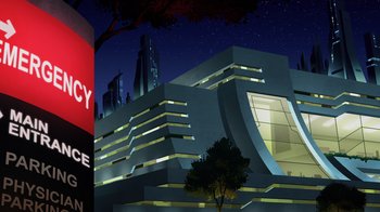 Movie still from “Superman: Man of Tomorrow” (2020), directed by Chris Palmer – An illustration of a large building at night time; Extreme Wide shot, Low angle