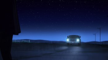 Movie still from “Superman: Man of Tomorrow” (2020), directed by Chris Palmer – A car that is parked on the side of the road; Extreme Wide shot, Low angle