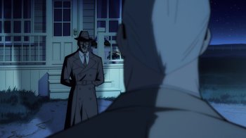 Movie still from “Superman: Man of Tomorrow” (2020), directed by Chris Palmer – An animated picture of a man in a suit and hat; Medium shot, Over the shoulder angle