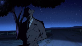 Movie still from “Superman: Man of Tomorrow” (2020), directed by Chris Palmer – An animated picture of a man wearing a suit and hat; Wide shot, Low angle