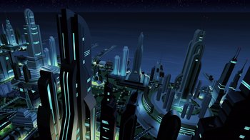 Movie still from “Superman: Man of Tomorrow” (2020), directed by Chris Palmer – An aerial view of a futuristic city at night; Extreme Wide shot, High angle