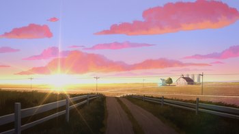 Movie still from “Superman: Man of Tomorrow” (2020), directed by Chris Palmer – An empty dirt road near a field with a barn in the background; Extreme Wide shot, Low angle