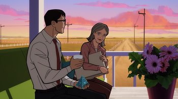 Movie still from “Superman: Man of Tomorrow” (2020), directed by Chris Palmer – A man and a woman sitting next to each other on a balcony; Medium shot, Over the shoulder angle