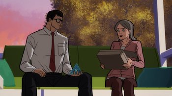 Movie still from “Superman: Man of Tomorrow” (2020), directed by Chris Palmer – An animated man and a woman sitting on a bench; Medium shot, Over the shoulder angle