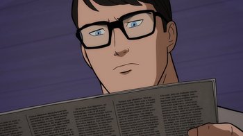 Movie still from “Superman: Man of Tomorrow” (2020), directed by Chris Palmer – A man with glasses is reading a newspaper; Close Up shot, High angle