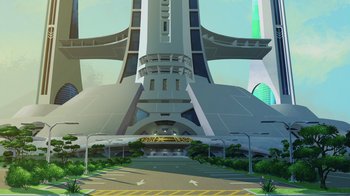 Movie still from “Superman: Man of Tomorrow” (2020), directed by Chris Palmer – An illustration of a large building with a yellow sign on the side of the road; Extreme Wide shot, Low angle