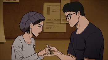 Movie still from “Superman: Man of Tomorrow” (2020), directed by Chris Palmer – A man and a woman looking at each other; Medium shot, Over the shoulder angle