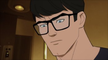 Movie still from “Superman: Man of Tomorrow” (2020), directed by Chris Palmer – An animated picture of a man wearing glasses; Close Up shot, High angle