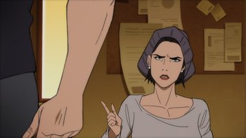 Movie still from “Superman: Man of Tomorrow” (2020), directed by Chris Palmer – An animated woman in a purple hat is pointing at a man; Medium shot, Over the shoulder angle