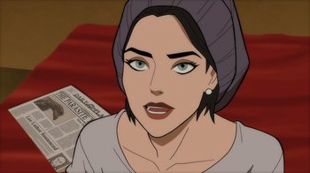 Movie still from “Superman: Man of Tomorrow” (2020), directed by Chris Palmer – An animated picture of a woman with a head scarf; Close Up shot, Over the shoulder angle