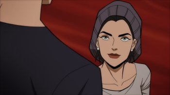 Movie still from “Superman: Man of Tomorrow” (2020), directed by Chris Palmer – An animated picture of a woman with a hat; Close Up shot, Over the shoulder angle