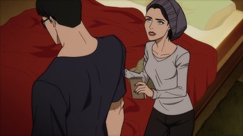 Movie still from “Superman: Man of Tomorrow” (2020), directed by Chris Palmer – An animated woman holding a book while standing next to a man; Medium shot, Over the shoulder angle