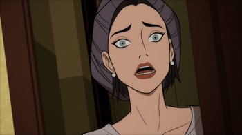 Movie still from “Superman: Man of Tomorrow” (2020), directed by Chris Palmer – An animated woman with a surprised look on her face; Close Up shot, Over the shoulder angle