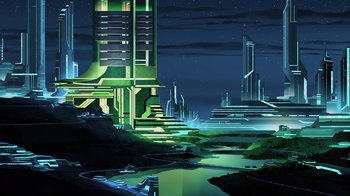 Movie still from “Superman: Man of Tomorrow” (2020), directed by Chris Palmer – An illustration of a futuristic city at night time; Extreme Wide shot, High angle