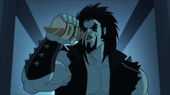 Movie still from “Superman: Man of Tomorrow” (2020), directed by Chris Palmer – A man with long black hair is holding a drink; Close Up shot, Low angle