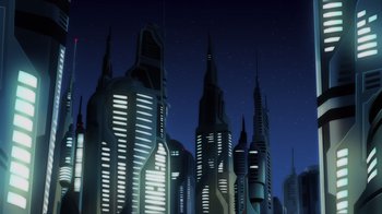 Movie still from “Superman: Man of Tomorrow” (2020), directed by Chris Palmer – A night scene of a city lit up at night; Extreme Wide shot, Low angle