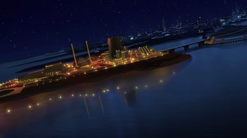 Movie still from “Superman: Man of Tomorrow” (2020), directed by Chris Palmer – An illustration of an ocean liner at night; Extreme Wide shot, Low angle