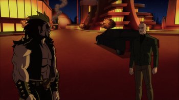 Movie still from “Superman: Man of Tomorrow” (2020), directed by Chris Palmer – A man standing in front of another man in front of a building; Wide shot, Low angle