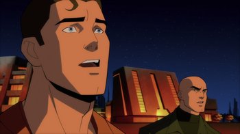 Movie still from “Superman: Man of Tomorrow” (2020), directed by Chris Palmer – A man is looking up at a building; Close Up shot, Over the shoulder angle