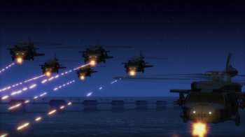 Movie still from “Superman: Man of Tomorrow” (2020), directed by Chris Palmer – A group of helicopters flying in the sky at night; Extreme Wide shot, Low angle