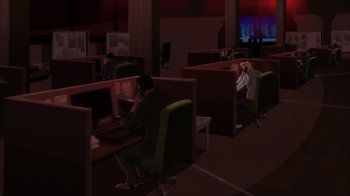 Movie still from “Superman: Man of Tomorrow” (2020), directed by Chris Palmer – A group of people sitting at computers in a room; Extreme Wide shot, High angle