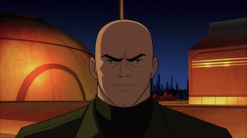 Movie still from “Superman: Man of Tomorrow” (2020), directed by Chris Palmer – An animated bald man with his eyes wide open; Close Up shot, Over the shoulder angle